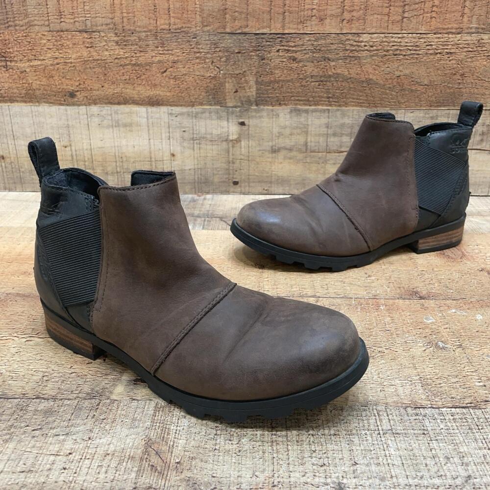 Sorel Boots Womens Size 7 38 Brown Leather Ankle Chelsea Pull On NL3719-205